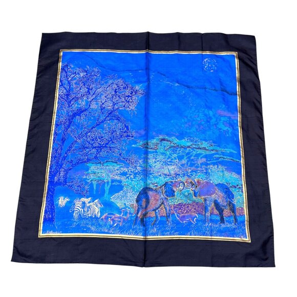 Vintage Thai Silk Scarf Black Gold Safari Elephants African Wildlife Print 34" - Picture 2 of 8
